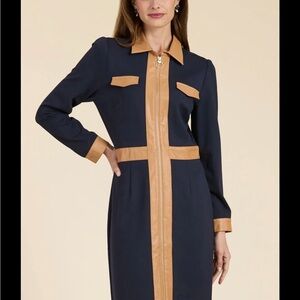 Tyler Boe Navy and Tan Long Sleeve Dress